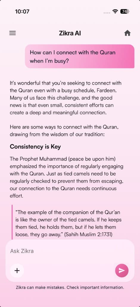 Zikra AI chat in Quran for Women: conversation with Quran and Hadith-grounded reply and Ask Zikra input